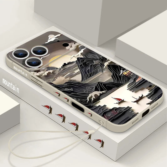 Wrist Strap Lanyard TPU Phone Case For iPhone 17 16 15 Pro Max 12 13 14 Pro Max Air 11 Landscape Painting Soft Silicone Cover