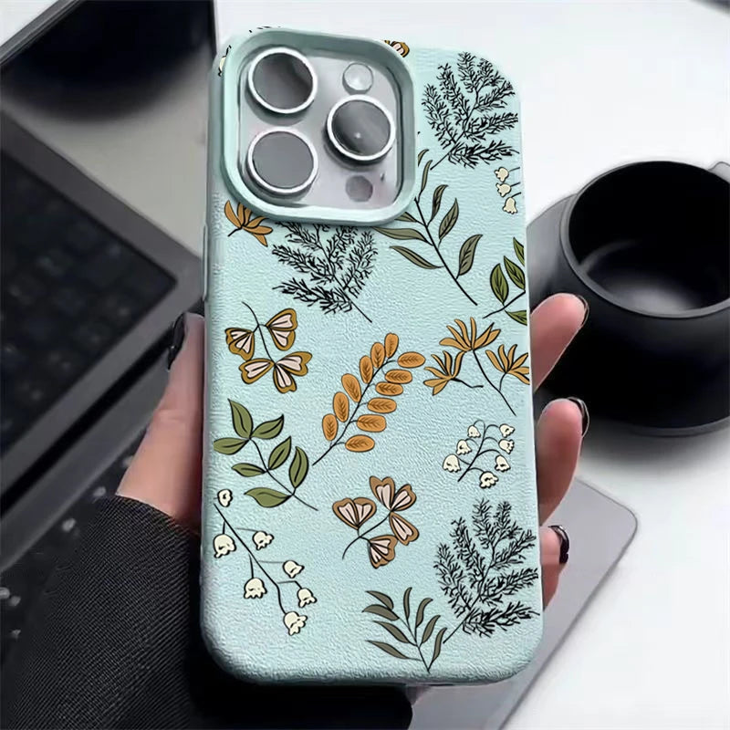 Leaves Pattern Soft Case For iPhone 17 Air 16e 16 15 14 13 12 Pro Max 11 Luxury Leather Texture TPU Silicone Phone Cover Fundas