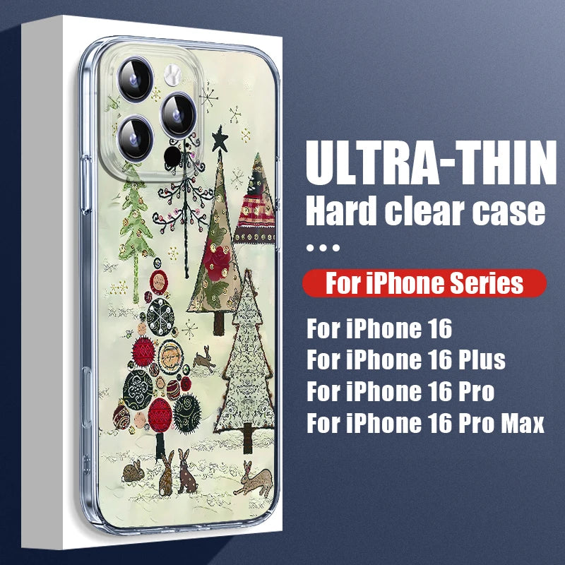 Transparent Hard PC Case For iPhone 17 15 14 13 12 16 Pro Max 16e 11 Crystal Clear Christmas Tree Snowman Printed Phone Cover