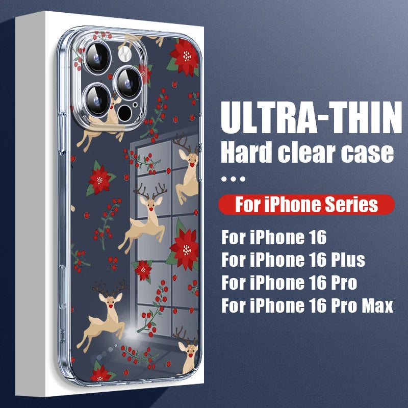 Transparent Hard PC Case For iPhone 17 Pro Air 15 14 13 12 16 Pro Max 16e 11 Crystal Clear Christmas Elk Pattern Phone Cover