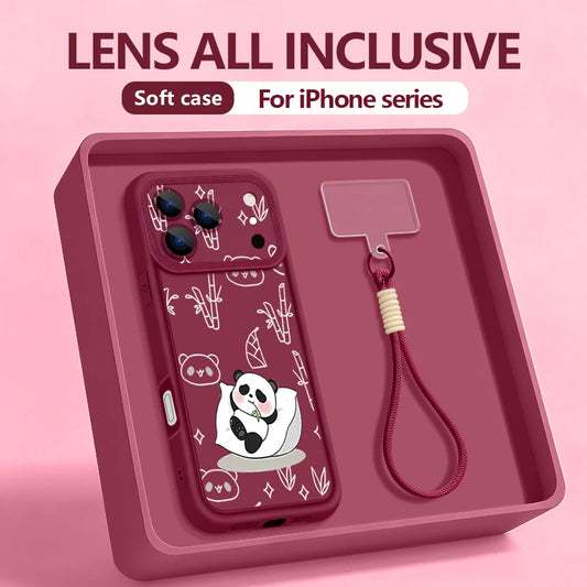 Wrist Strap Lanyard Phone Case For iPhone 17 Pro Max Air 16E 16 14 15 Pro 12 13 Pro Max 11 Cartoon Panda Printed Soft TPU Cover