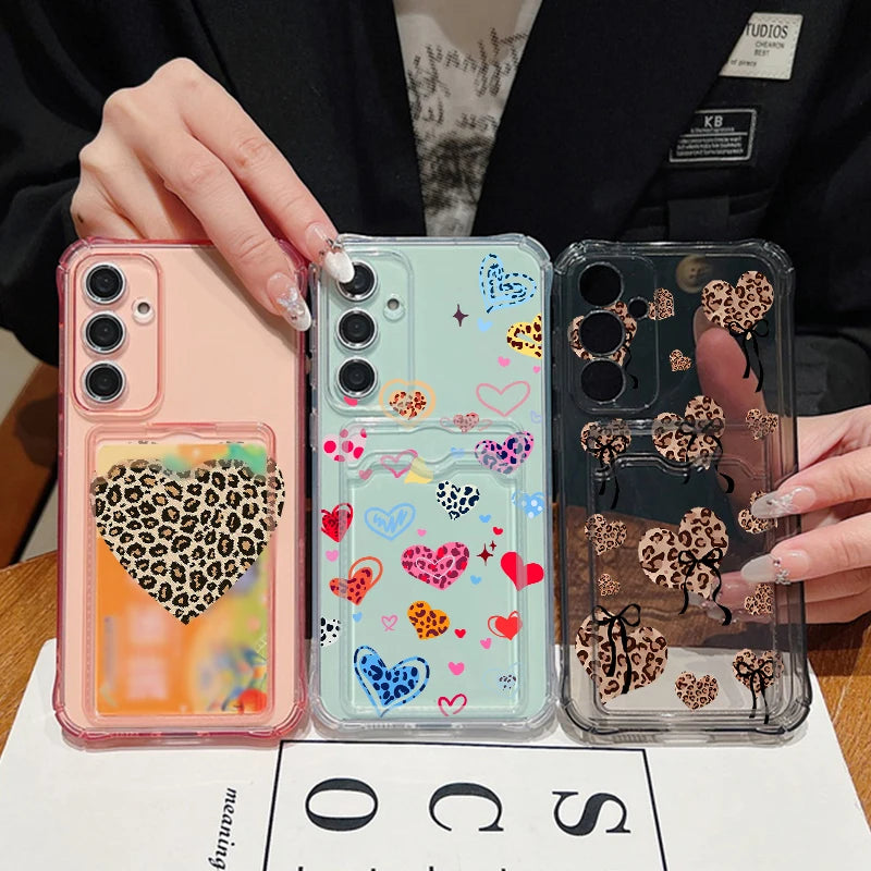 Card Pocket TPU Phone Case For Samsung Galaxy S25 S24 S23 Ultra S24 S23 S25 FE S22 Plus Leopard Print Love Heart Pattern Cover