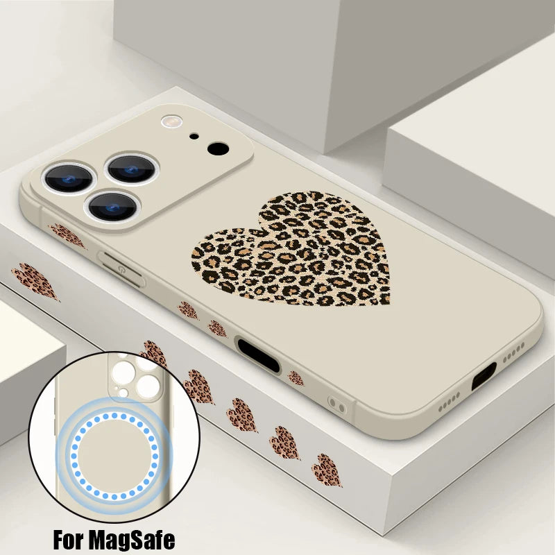 Magnetic For Magsafe Case For iPhone 17 Pro Max Air 16E 16 15 14 13 12 Pro Max 11 Leopard Print Love Heart Lanyard TPU Cover