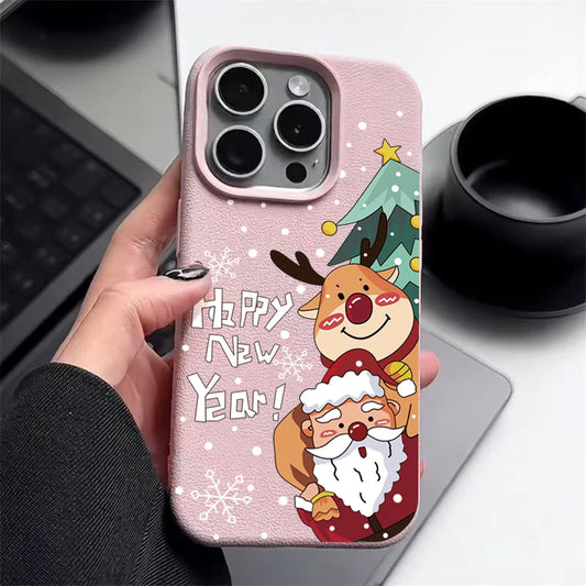 Christmas New Year Phone Case For iPhone 17 Air 16 15 14 13 Pro Max 16e 12 Pro 11 Leather Texture Soft Silicone TPU Cover Fundas