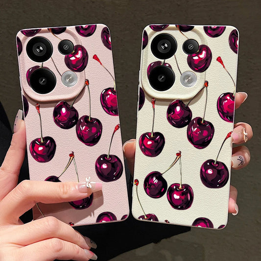Red Cherry Printed Phone Case For Xiaomi Redmi Note 14 13 Pro 4G Note 13 14 Pro Plus 5G 13C 11 Pro Leather Texture TPU Cover