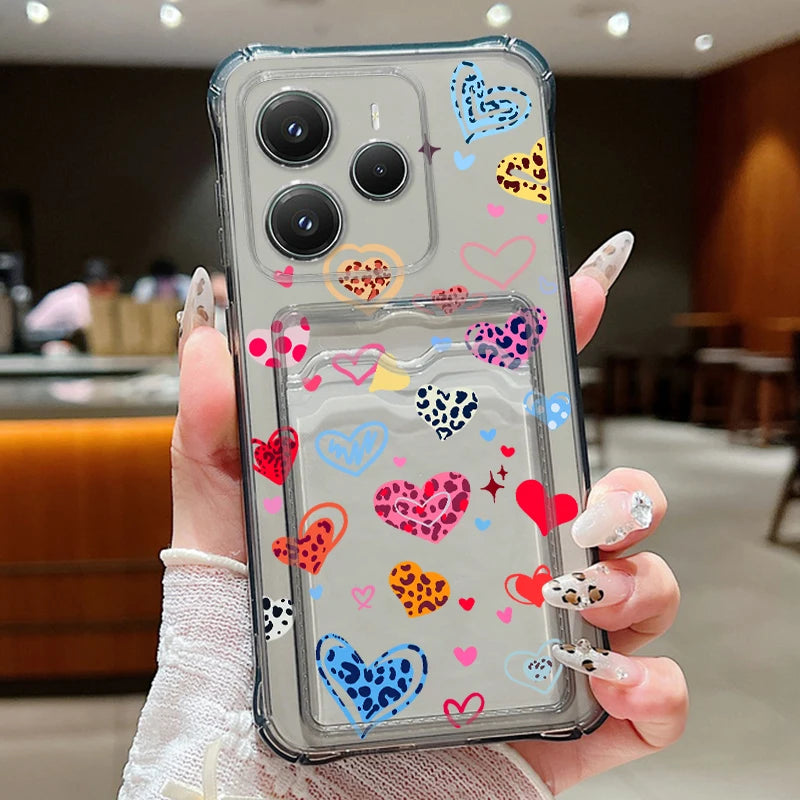 Card Slot Pocket Soft TPU Case For Xiaomi Poco X6 X7 F6 X5 Pro M6 Pro C65 Leopard Print Love Heart Pattern Silicone Phone Cover