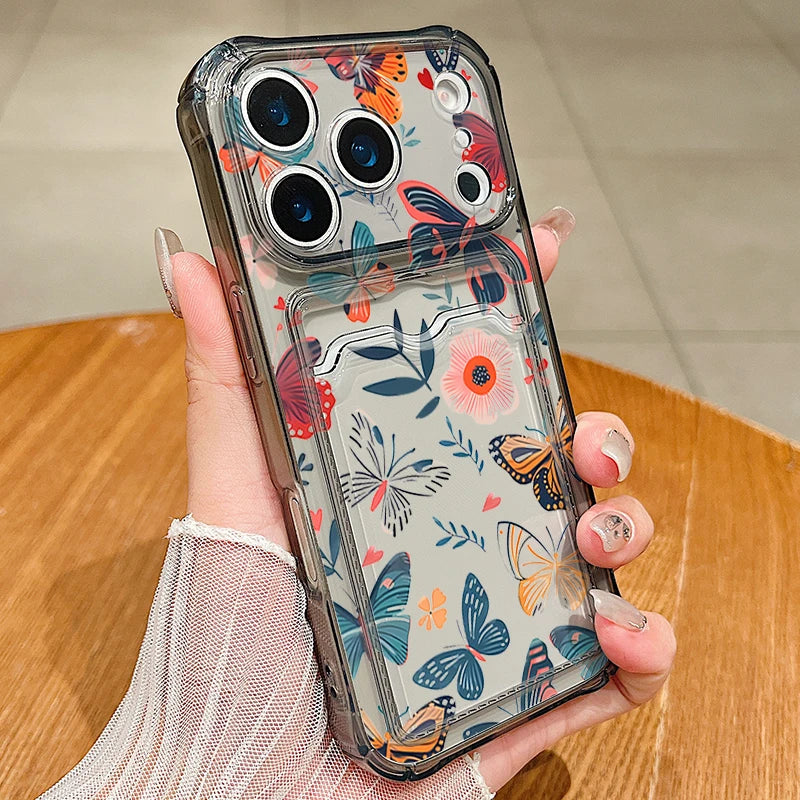 Card Slot Pocket Case For iPhone 17 16 Pro 15 14 13 Pro Max 11 Shockproof Pink Butterfly Pattern Soft Silicone Clear Phone Cover