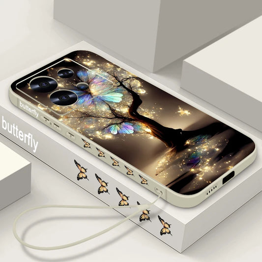 Butterfly Tree Pattern TPU Phone Case For Xiaomi 13T 14T Pro 11T Pro Wrist Lanyard Soft Silicone Back Cover For Mi 14T 13T Pro