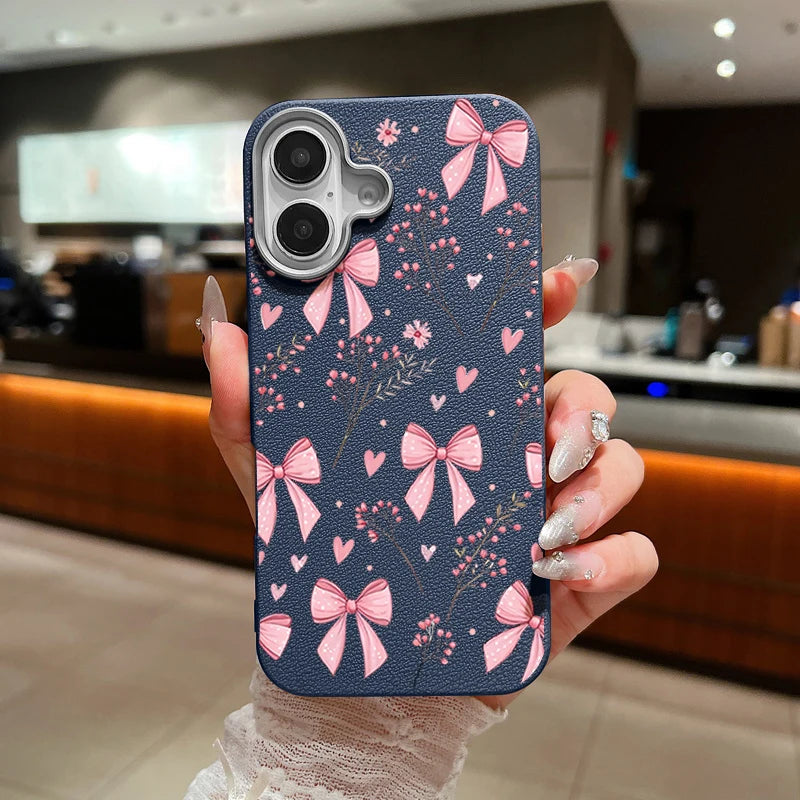 Leather Texture Soft TPU Phone Case For iPhone 17 16 15 Pro Max 14 15 Plus 13 12 Pro Max 11 Air Pink Bowknot Pattern Back Cover