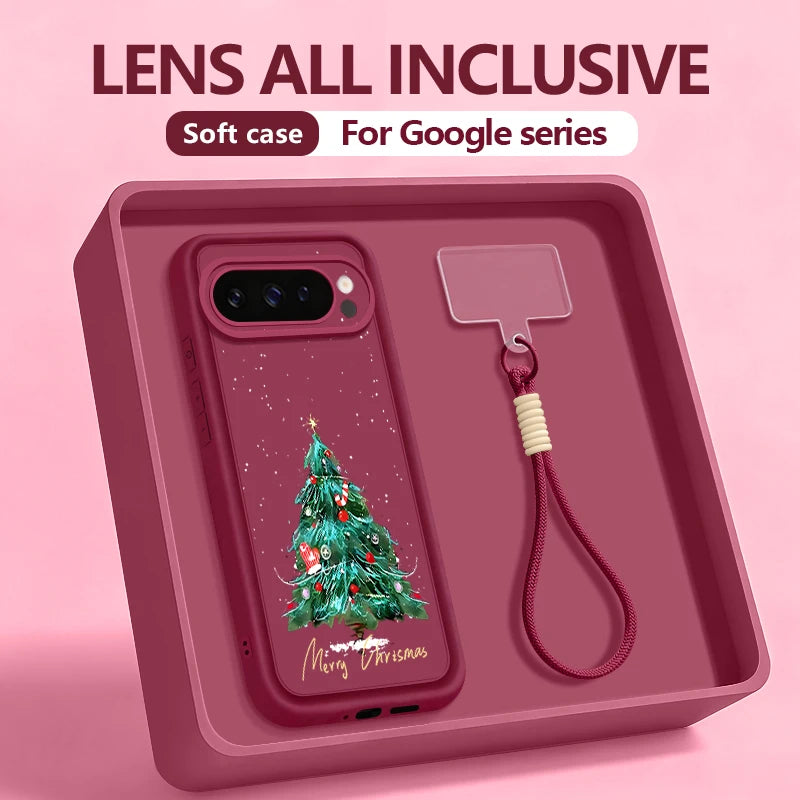 Christmas Tree Pattern Phone Case For Google Pixel 10 8 7 Pro 8A Pixel 9 Pro XL Soft TPU Wrist Strap Lanyard Silicone Back Cover