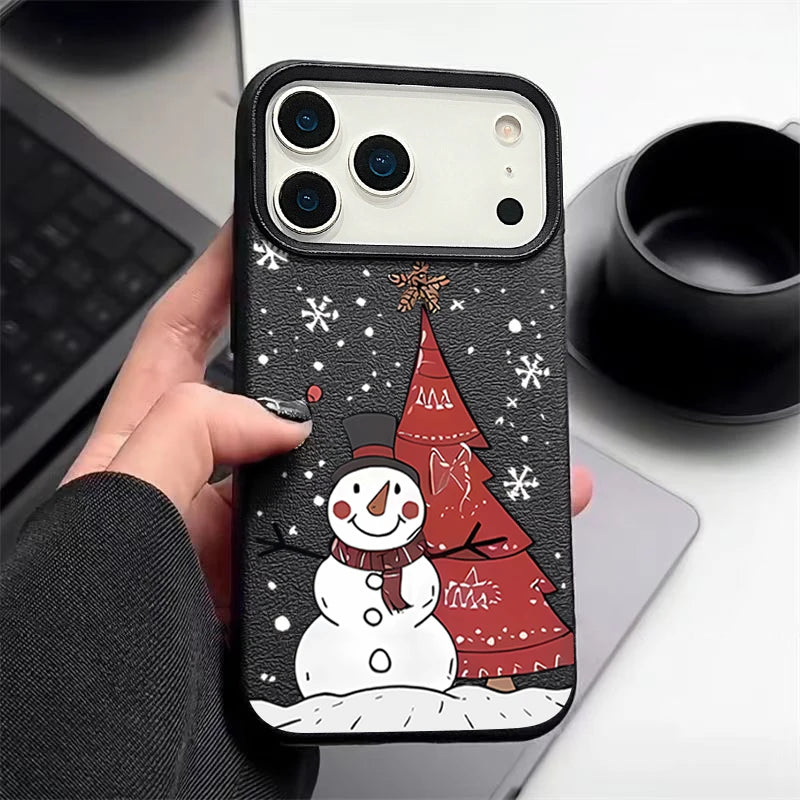 Christmas Snowman Print Phone Case For iPhone 17 16 15 14 Pro Max 13 12 Pro Air 11 16e Shockproof Leather Texture TPU Soft Cover