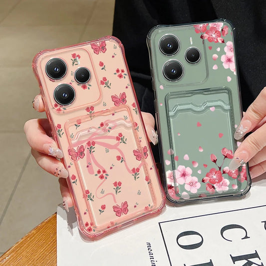 Card Pocket Soft TPU Case For Xiaomi Redmi Note 14 Pro Plus 13 11 12 Pro 5G Note 13 4G 13C 14C Pink Flowers Pattern Phone Cover