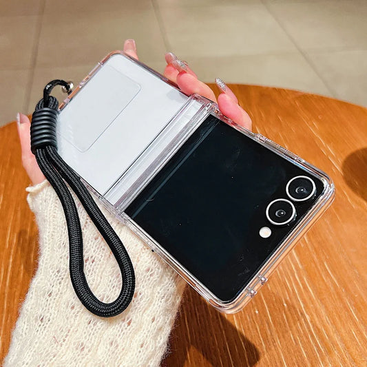 Wrist Strap Lanyard Clear Case For Samsung Galaxy Z Flip7 Flip6 Flip5 Flip4 Flip 7 FE 6 5 4 3 5G Transparent Folding Back Cover