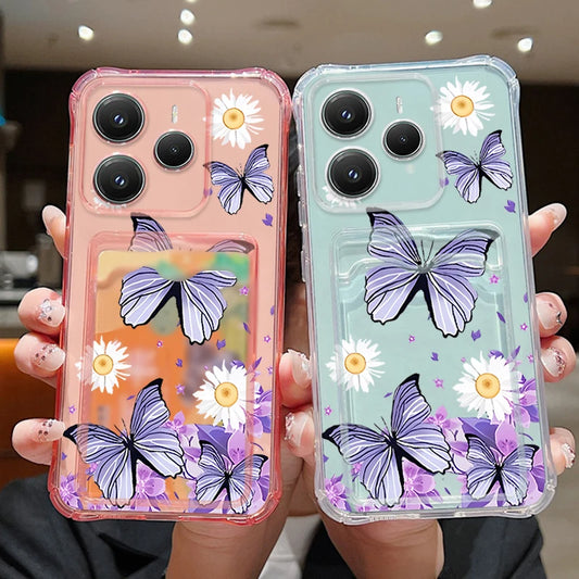 Card Slot Pocket Soft TPU Case For Xiaomi Poco X6 X7 F6 X5 Pro M6 Pro Butterfly Printed Silicone Phone Cover For Poco X5 X6 C65