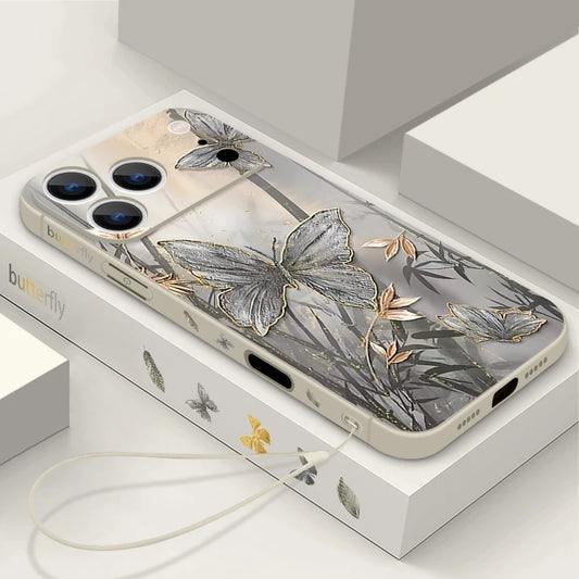 Wrist Strap Lanyard Soft TPU Case For iPhone 17 16 15 Pro Max 12 13 14 Pro Max Air 11 Butterfly Leaves Pattern Silicone Cover