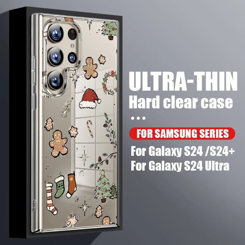 Clear Hard PC Case For Samsung Galaxy S25 S24 S23 Ultra S24 S25 FE S22 S21 Plus Christmas Elk Pattern Transparent Phone Cover