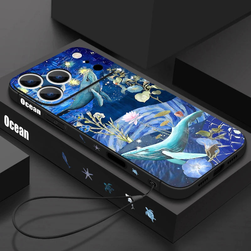 Wrist Strap Lanyard TPU Phone Case For iPhone 17 16 15 Pro Max 12 13 14 Pro Max Air 11 Dreamy Ocean Printed Soft Silicone Cover