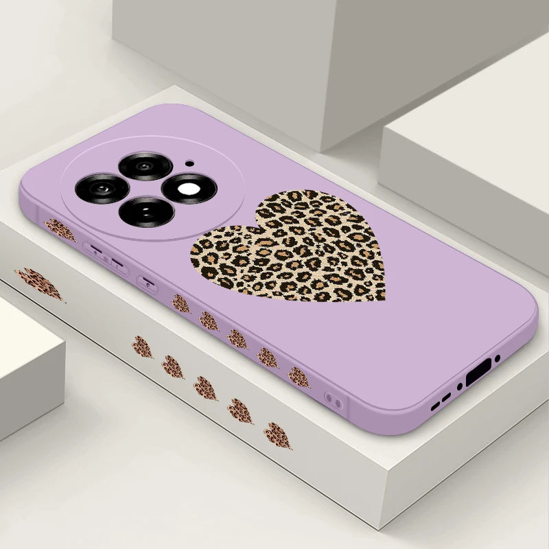 Lanyard Soft TPU Phone Case For OnePlus 15 13 13T 12 13R 12R 11R Nord 5 Ace 5 3 2 5G Leopard Print Heart Pattern Silicone Cover