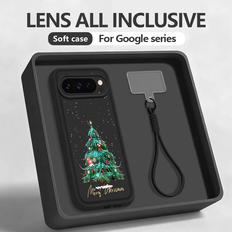 Christmas Tree Pattern Phone Case For Google Pixel 10 8 7 Pro 8A Pixel 9 Pro XL Soft TPU Wrist Strap Lanyard Silicone Back Cover