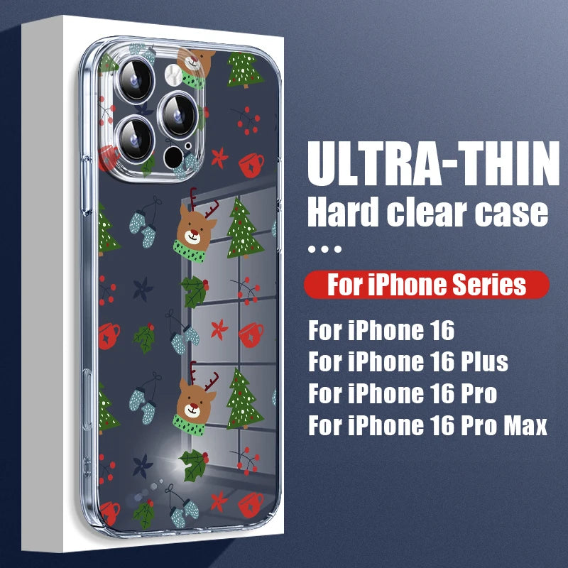 Transparent Hard PC Case For iPhone 17 15 14 13 12 16 Pro Max 16e 11 Crystal Clear Christmas Tree Snowman Printed Phone Cover