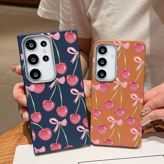 Cherry Bowknot Printed TPU Phone Case For Samsung Galaxy A56 A16 A36 A55 A15 A25 A26 A35 A54 A53 5G Leather Texture Back Cover