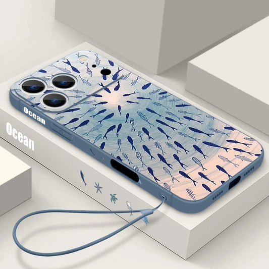 Wrist Strap Lanyard Soft TPU Case For iPhone 17 16 15 Pro Max 12 13 14 Pro Max Air 11 Shockproof Fishes Pattern Silicone Cover