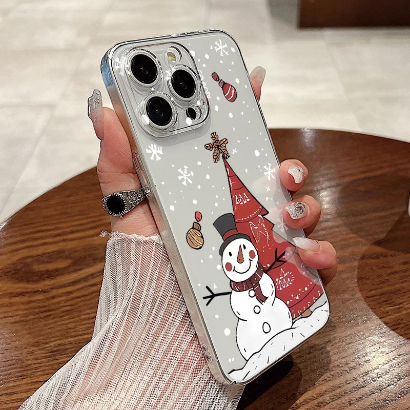 Transparent Hard PC Case For iPhone 17 15 14 13 12 16 Pro Max 16e 11 Crystal Clear Christmas Tree Snowman Printed Phone Cover