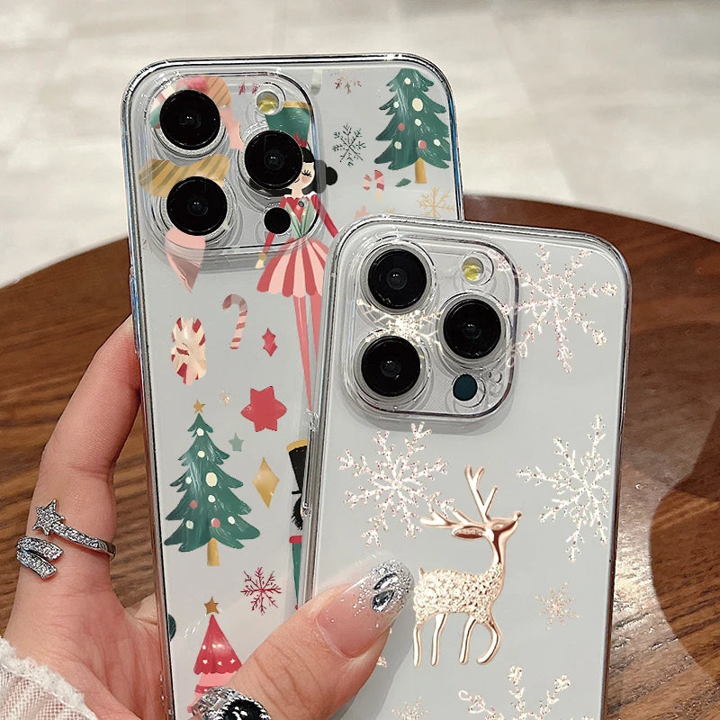 Transparent Hard PC Case For iPhone 17 Pro Air 15 14 13 12 16 Pro Max 16e 11 Crystal Clear Christmas Elk Pattern Phone Cover