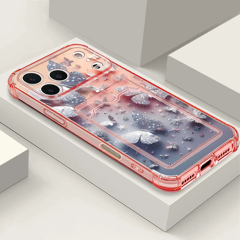 Card Slot Pocket Case For iPhone 17 16 Pro 15 14 13 Pro Max 11 Shockproof Gorgeous Butterfly Pattern Soft Silicone Phone Cover