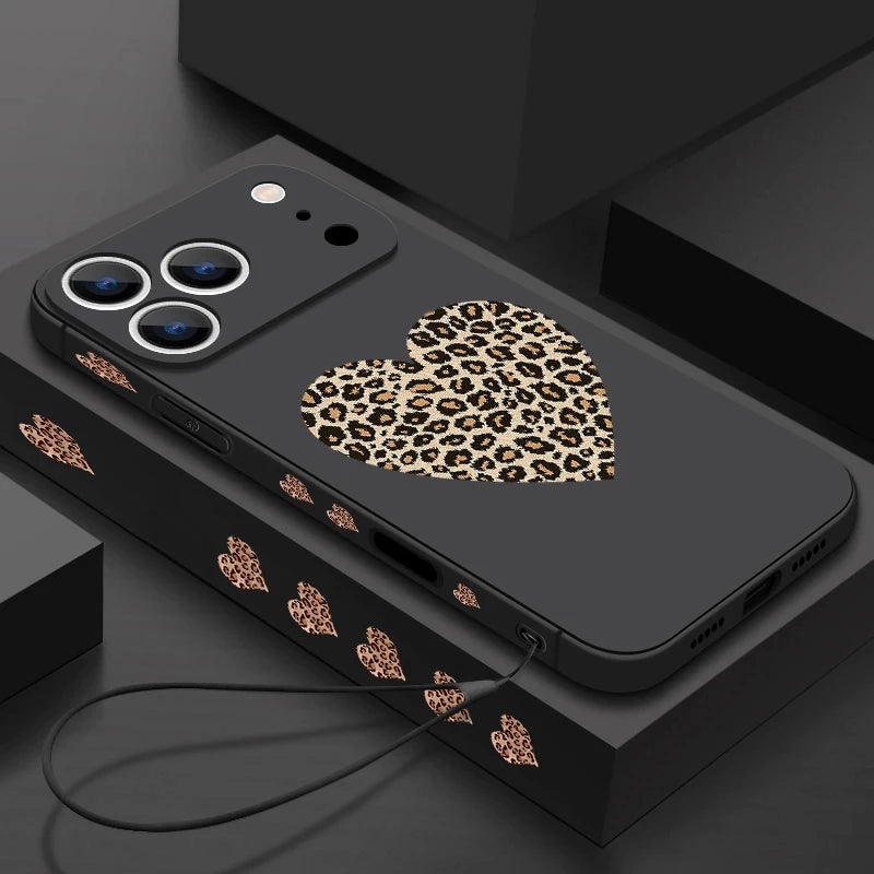 Magnetic For Magsafe Case For iPhone 17 Pro Max Air 16E 16 15 14 13 12 Pro Max 11 Leopard Print Love Heart Lanyard TPU Cover