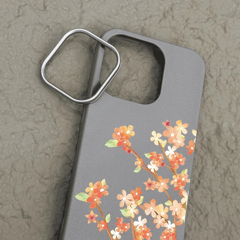 Leather Texture TPU Phone Case For iPhone 17 16 15 Pro Max 14 15 Plus 13 12 Pro Max 11 Air Orange Flowers Printed Back Cover