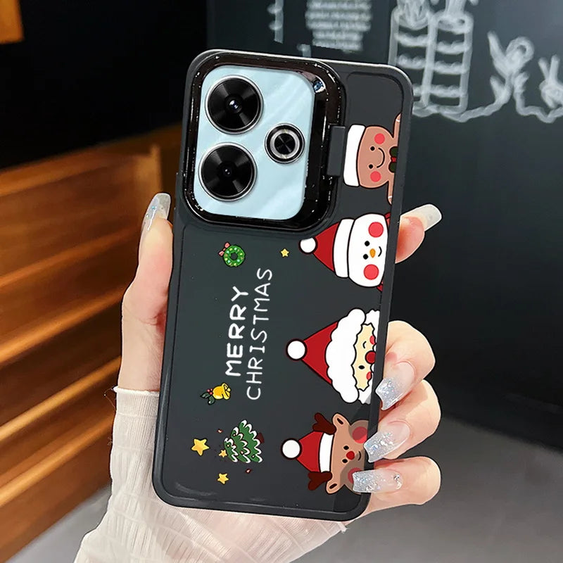 Merry Christmas Pattern Lens Frame Holder Case For Xiaomi Redmi Note 13 Pro 12 11 Pro 5G 13C 4G Kickstand Soft TPU Phone Cover