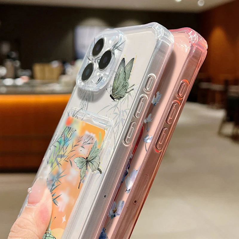 Card Slot Pocket TPU Case For iPhone 17 16 Pro 15 14 13 Pro Max 11 Shockproof Butterfly Pattern Soft Silicone Clear Phone Cover