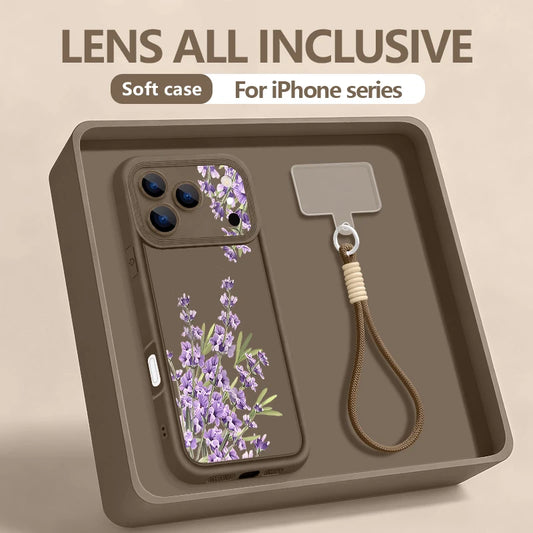Wrist Strap Lanyard Phone Case For iPhone 17 Pro Max Air 16E 16 14 15 Pro 12 13 Pro Max 11 Purple Lavender Print Soft TPU Cover