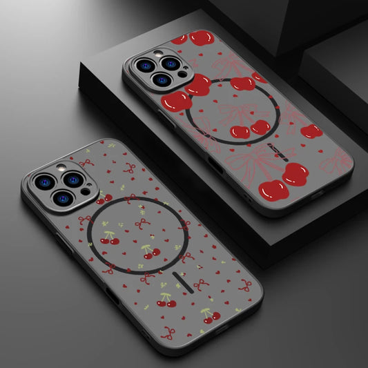 Translucent Matte Phone Case For iPhone 16 15 Pro 14 13 Pro Max 16e For Magsafe Shockproof Red Cherry Printed Hard Back Cover