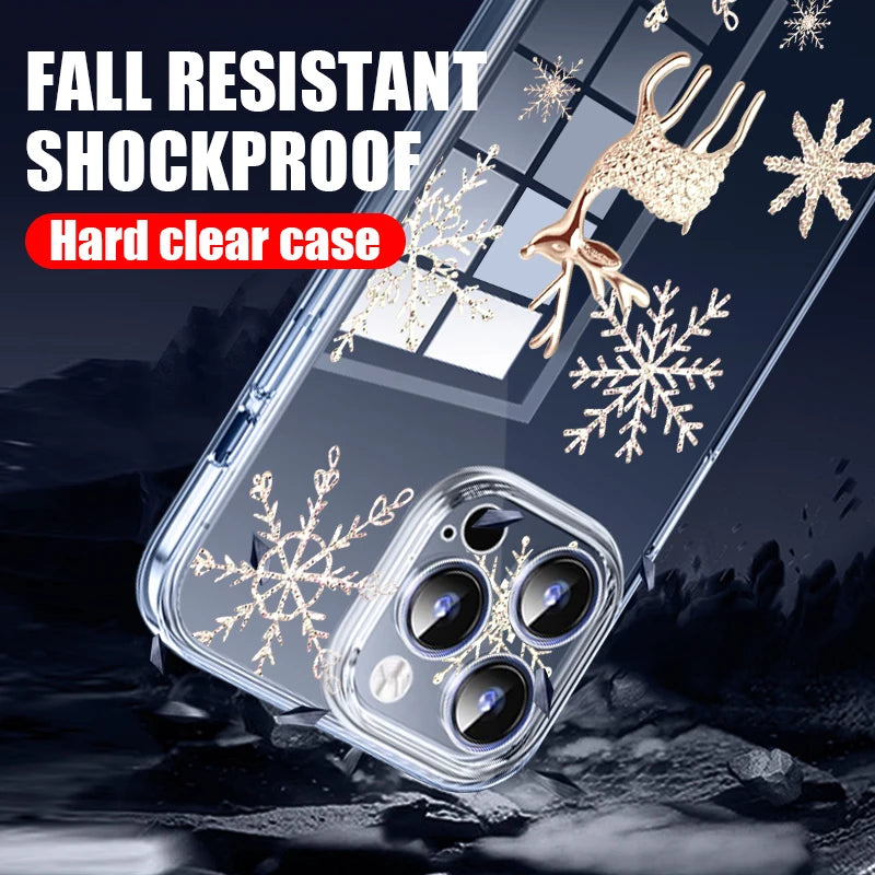 Transparent Hard PC Case For iPhone 17 Pro Air 15 14 13 12 16 Pro Max 16e 11 Crystal Clear Christmas Elk Pattern Phone Cover