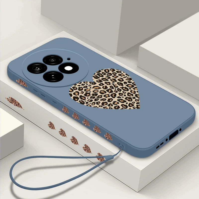 Lanyard Soft TPU Phone Case For OnePlus 15 13 13T 12 13R 12R 11R Nord 5 Ace 5 3 2 5G Leopard Print Heart Pattern Silicone Cover