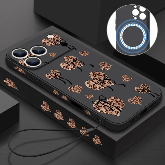 Magnetic For Magsafe Case For iPhone 17 Pro Max Air 16E 16 15 14 13 12 Pro Max 11 Leopard Print Heart Bowknot Printed TPU Cover