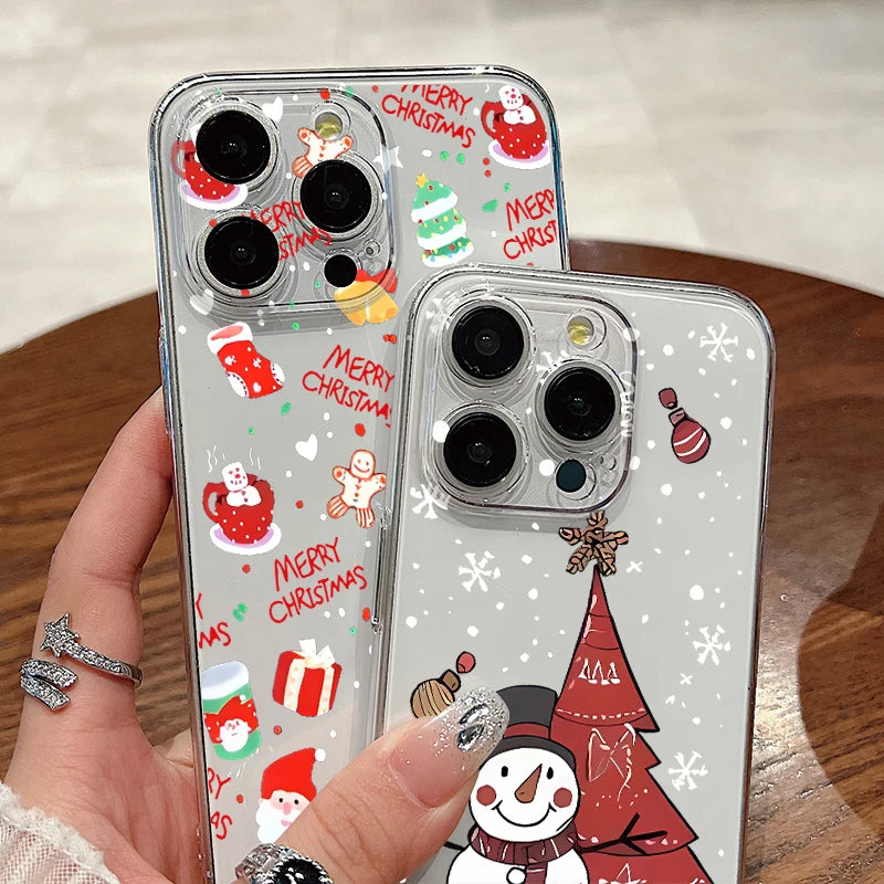Transparent Hard PC Case For iPhone 17 15 14 13 12 16 Pro Max 16e 11 Crystal Clear Christmas Tree Snowman Printed Phone Cover