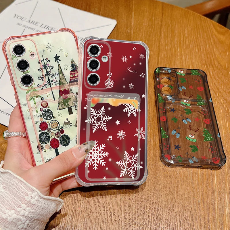 Card Pocket TPU Phone Case For Samsung Galaxy S25 S24 S23 Ultra S24 S23 S25 FE S22 S21 Plus Christmas Tree Printed Soft Cover