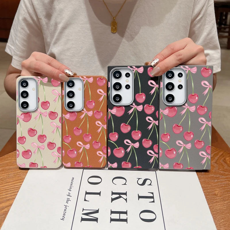 Cherry Bowknot Printed TPU Phone Case For Samsung Galaxy A56 A16 A36 A55 A15 A25 A26 A35 A54 A53 5G Leather Texture Back Cover
