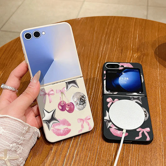 Cherry Bow Pattern Phone Case For Samsung Galaxy Z Flip 7 FE 6 5 4 3 5G Flip6 Flip5 Flip4 For Magsafe Leather Texture TPU Cover