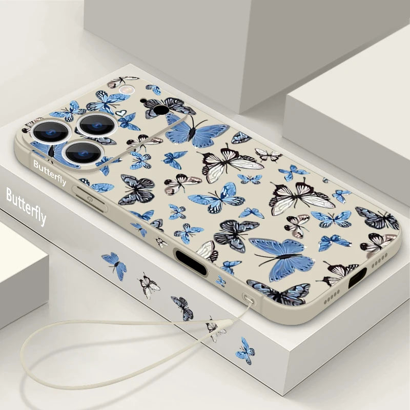 Blue Butterfly Pattern Phone Case For iPhone 17 Pro Max Air 16E 16 15 14 13 12 Pro Max 11 Magnetic For Magsafe Lanyard TPU Cover