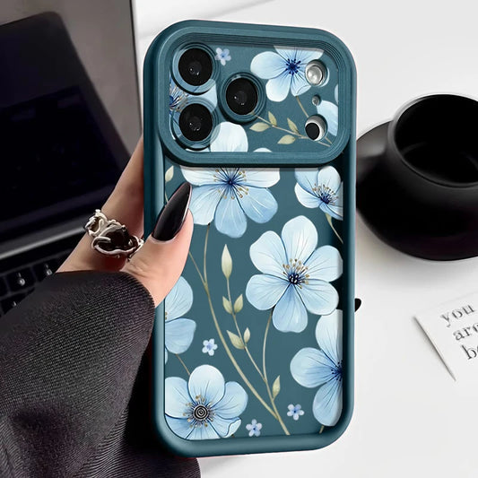 Soft TPU Phone Case For iPhone 17 16e 15 16 Pro Max 14 16 Plus For iPhone Air 13 12 Pro Max Blue Petals Printed Silicone Cover