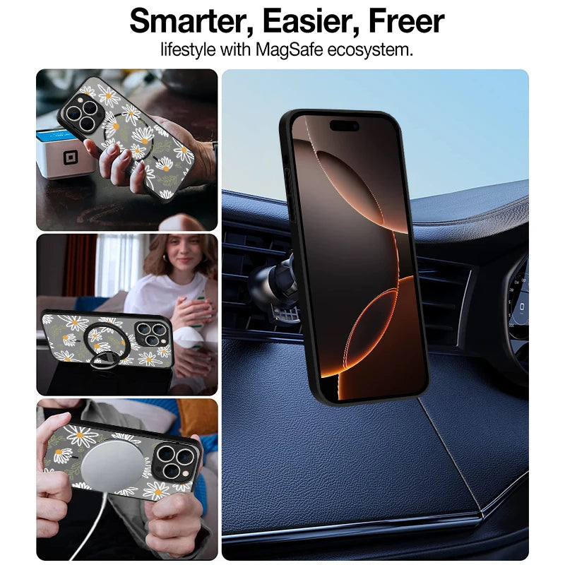 Hard Matte Magnetic Case For iPhone 16e 16 15 Pro Max 14 13 Pro For Magsafe Wireless Charge Small Flowers Print Phone Cover