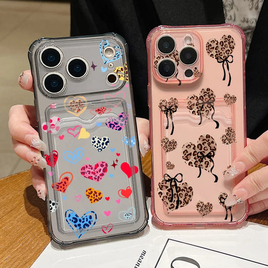 Card Slot Pocket TPU Case For iPhone 17 Pro Air 16e 16 15 14 13 Pro Max 12 11 Leopard Print Love Heart Pattern Soft Phone Cover