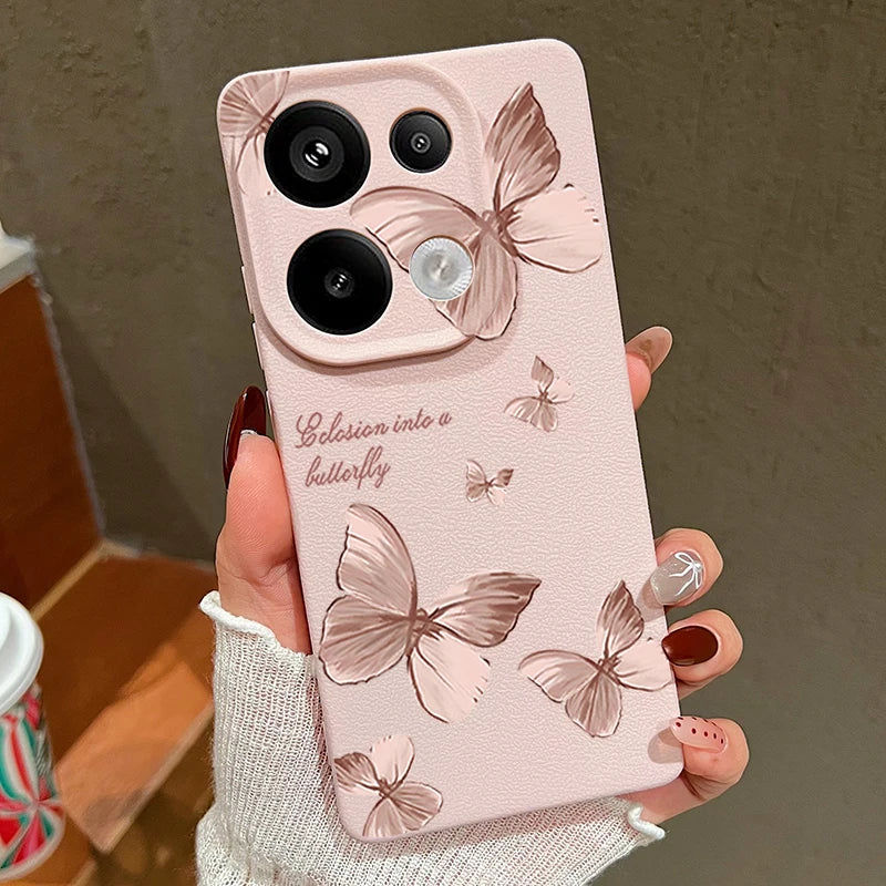 Pink Butterfly Pattern Phone Case For Xiaomi Redmi Note 14 13 Pro 4G Note 13 14 Pro Plus 5G 13C 11 Pro Leather Texture TPU Cover
