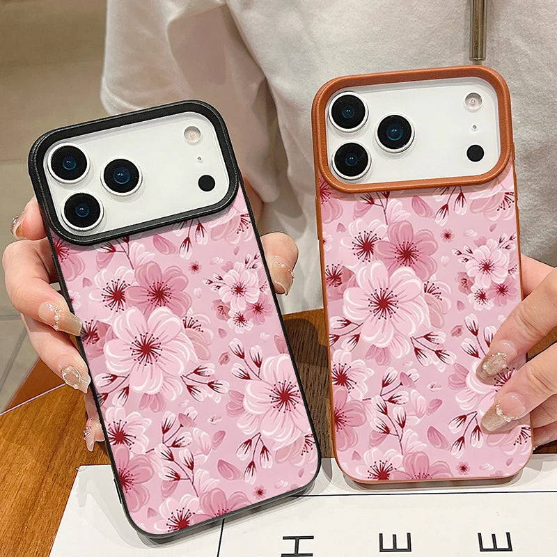 Pink Peach Blossoms Print Phone Case For iPhone 17 16e 16 15 Pro Max 14 13 12 Pro Max 11 Air Soft Leather Texture TPU Back Cover