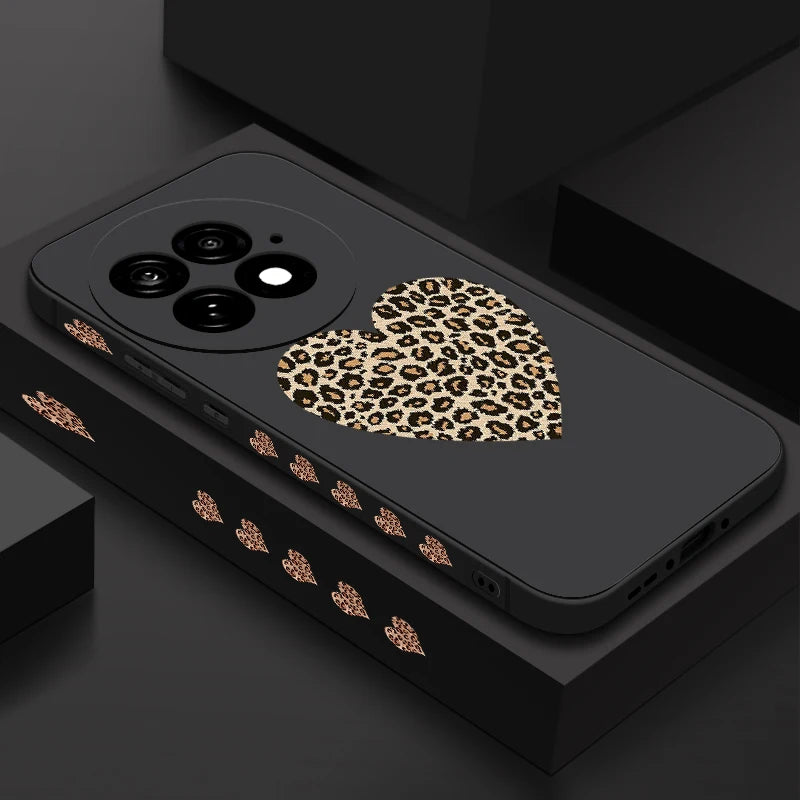 Lanyard Soft TPU Phone Case For OnePlus 15 13 13T 12 13R 12R 11R Nord 5 Ace 5 3 2 5G Leopard Print Heart Pattern Silicone Cover