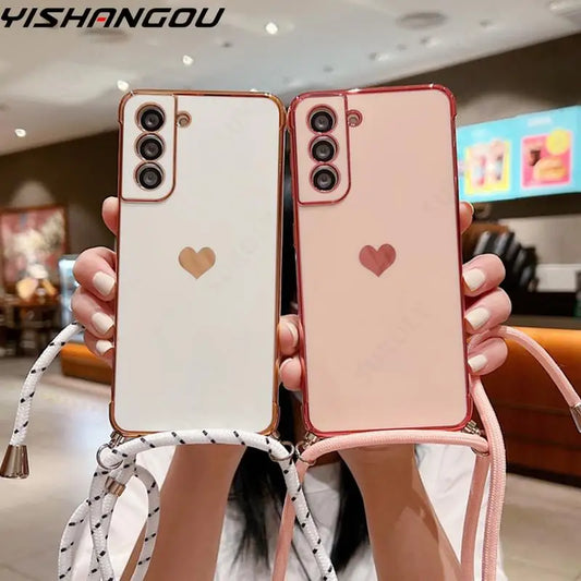 Crossbody Strap Cord Phone Case For Samsung Galaxy S25 S23 S24 Ultra S24 FE A17 A15 A16 A55 A54 5G Plating Heart Lanyard Cover